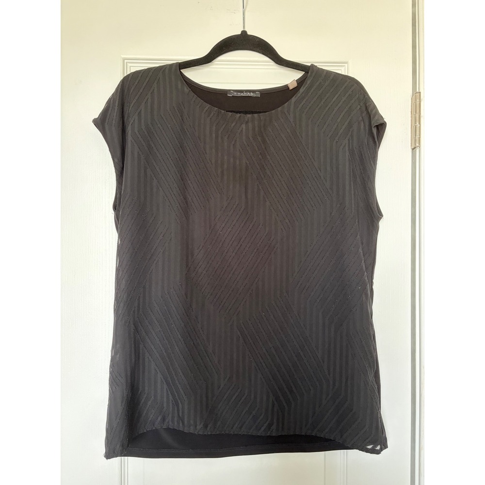 T Tahari Womens Black Geometric Stripe Sleeveless Blouse Round Neck Size Medium